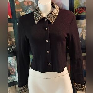 Ronnie Nicole VTG Black Velvet Leopard Print Collar & Cuffs cropped Jacket/Top